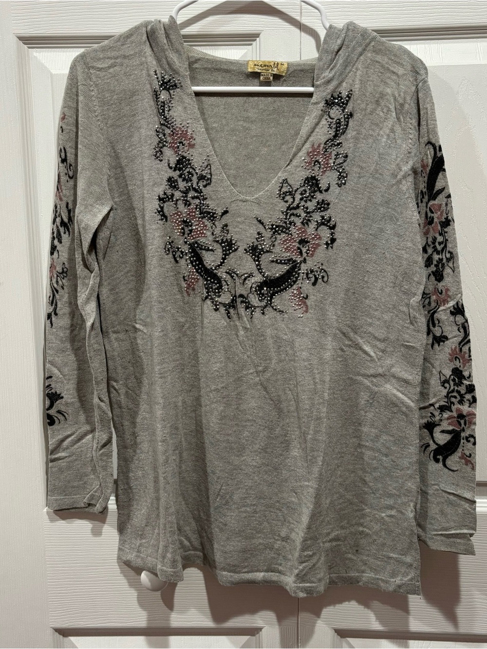 ONE WORLD Women’s Hooded Paisley Sequin Long Sleeve Sweater - gray/black, size M